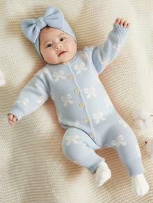 SHEIN Newborn Baby Girl Cute Heart Pattern Pink Long Sleeve Knitted Romper, Autumn/Winter  Fashion