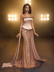 Glamrae Chân váy đuôi cá co giãn đính cườm và sequin sang trọng thanh lịch, phù hợp cho đám cưới, tiệc tùng, kỳ nghỉ, dạ hội, váy trang trọng (trang trí đậm) - Màu Khaki - Xem 2