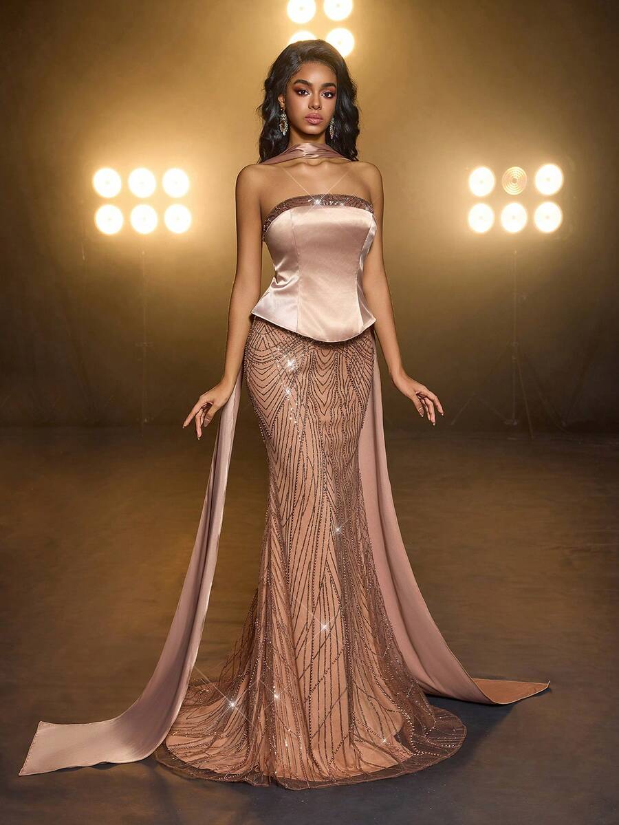 Glamrae Chân váy đuôi cá co giãn đính cườm và sequin sang trọng thanh lịch, phù hợp cho đám cưới, tiệc tùng, kỳ nghỉ, dạ hội, váy trang trọng (trang trí đậm)