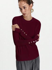 Lumivelle All-Match Round Neck Casual Versatile Long Sleeve Knit Undershirt Burgundy Tops Maroon Tops Dark Red Tops Wine Red Top Button Top - Red - View 2