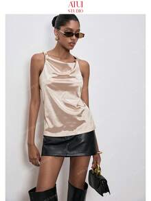ATUI Studio Women's Solid Color Draped Neck Sleeveless Fashionable Elegant Summer Top - Apricot - View 4