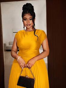 Maweii 大码女式优雅纯色褶皱圆领无袖连衣裙 - 黃色 - 查看 6