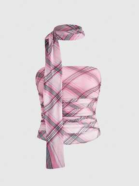 J-Fashion Women's Plaid Fitted Ruched Sleeveless Casual Tank Top