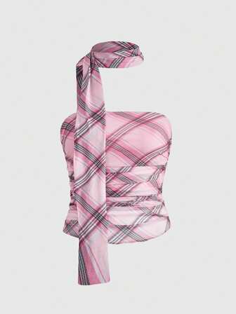 J-Fashion Camiseta sin mangas casual ajustada con pliegues y estampado de cuadros para mujer