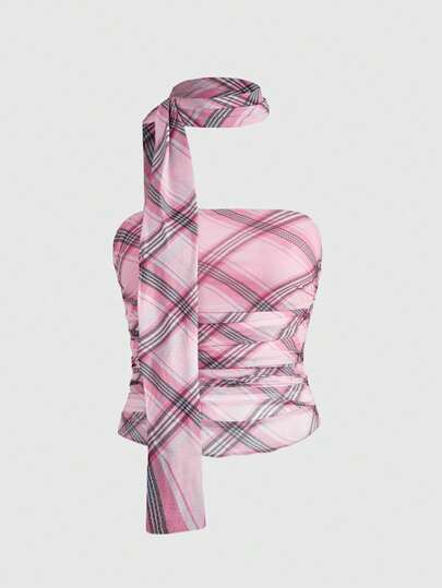 J-Fashion Damen kariertes figurbetontes gerafftes ärmelloses Lässig Trägershirt