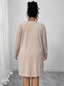 SHEIN PETITE CURVE Bộ 2 món áo khoác cardigan tay dài màu trơn có gân và đầm không tay thường ngày cho nữ cỡ lớn - Màu be - Xem 2