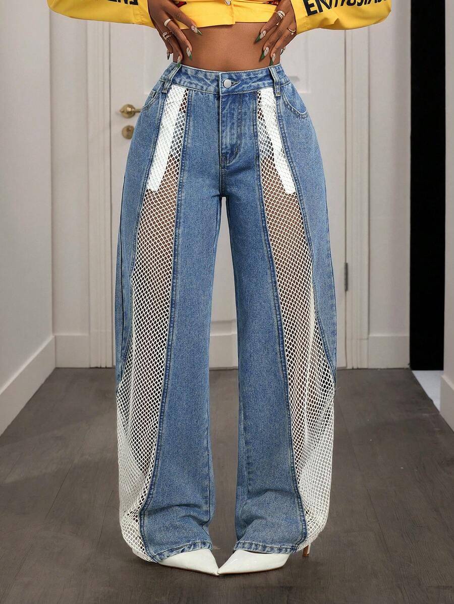 Slaydiva Women's Patchwork Fishnet Loose Fit Pocket Casual Wide Leg Jeans - Blue - View 1