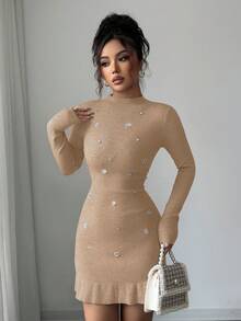 SHEIN Elenzya 秋冬新款针织镶钻立领长袖修身优雅荷叶边下摆女式毛衣连衣裙 - 卡其色 - 查看 5