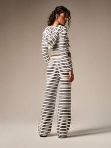 AiiRZ 条纹针织套装 长袖露脐上衣 阔腿裤 家居服套装 - 酒紅色 - 查看 2