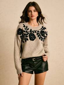 Poéselle 秋冬季休闲复古圆领长袖女式毛衣，女士套头毛衣，刺绣毛衣，秋季，女士秋装 - 駝色 - 查看 5