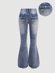 Girlism 少女刺绣线条图案蓝色牛仔低腰弹力紧身喇叭牛仔裤 - 淺色水洗藍 - 查看 3