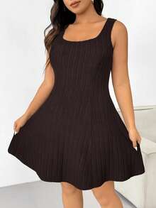 SHEIN EZwear Plus Size Women's Casual Everyday Commute Simple Solid Chocolate Brown Ribbed Cropped Hoodie And Cinched Waist Sleeveless Dress Set, Spring/Autumn/Winter