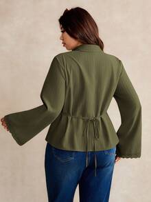 Elaquor Plus Size Women's Fashionable Elegant Lace Trim Button Down Long Sleeve Shirt Green - Army Green - View 2