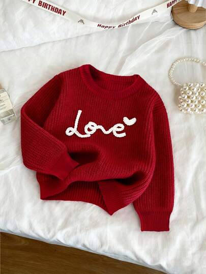 Suéter de malha casual solto com estampa de letras para meninas, gola redonda, manga comprida, outono