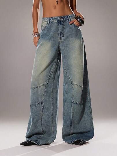 TRNVIE Jeans de pierna ancha de talle bajo con bolsillos, versátiles y casuales para uso diario