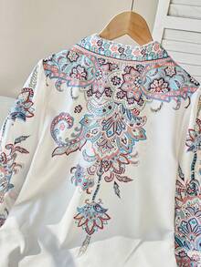 SHEIN Clasi French Elegant Collar Lantern Sleeve Single-Breasted Placement Print Women Shirt - Multicolor - View 2