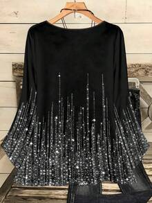 EMERY ROSE Blusa casual oversize da donna con stampa all-over, collo rotondo, maniche 3/4 morbide, adatta per autunno/inverno, top con paillettes, top scintillante, bluse eleganti da donna, bluse eleganti da donna, per Capodanno, Capodanno, top estivi, estivi per donna, top nero - Multicolore - Visualizzare 2