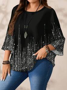 EMERY ROSE Blusa casual oversize da donna con stampa all-over, collo rotondo, maniche 3/4 morbide, adatta per autunno/inverno, top con paillettes, top scintillante, bluse eleganti da donna, bluse eleganti da donna, per Capodanno, Capodanno, top estivi, estivi per donna, top nero - Multicolore - Visualizzare 5