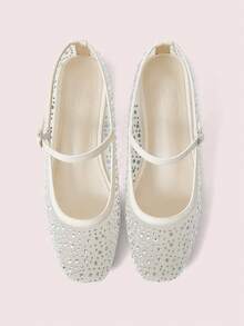 CUCCOO DOLLMOD Fashionable Light Apricot Full Crystal Mesh Mary Jane Flat Shoes, Cute And Sweet For School Students Spring Shoes Spring Break Easter For Christmas Spring Shoes - Apricot - View 9