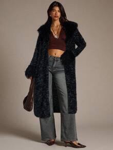 Aloruh 女士长款开衫，彩色条纹波西米亚风外套，配人造毛领和袖口，秋冬季 - 黑色 - 查看 4