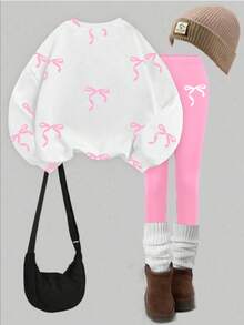 1 Bộ đồ thời trang cho bé gái trở lại trường, áo nỉ cổ tròn in nơ chấm bi và quần legging đen, trang phục mùa thu - Nhiều màu - Xem 2