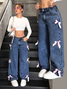 SHEIN Jeans di jeans ampi e casual con fiocco decorativo per ragazze adolescenti, autunno - Blu lavato medio - Visualizzare 1