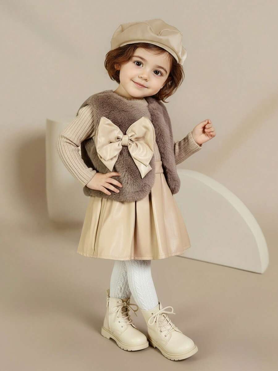 SHEIN 3 Stücke Baby Mädchen Herbst/Winter Mode eleganter süßer Street-Style khakifarbene Fellweste Jacke mit Schleifendekor, kombiniert mit khakifarbigem A-Linien Rock und geripptem Langarm-Top, 3 Stücke Outfit-Set für Herbst/Winter, Partytragen - Khaki - Übersicht 1