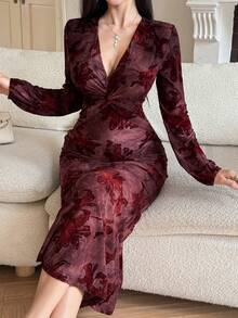 DAZY Vestido Elegante Sexy Ajustado com Estampa Floral e Decote em V para Mulheres - Vermelho - Visão 5