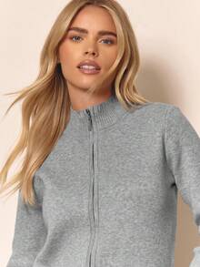 MUSERA Cárdigan de cuello de embudo con cremallera, de punto jaspeado, solo para ropa de estar en casa en invierno, acogedor, trabajo, lindo, elegante, suéter casual de primavera - Gris - Ver 2