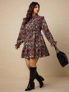 Elaquor Plus Size Geometric Print Waist Flared Long Sleeve Dress For Women/Valentine's Day - Multicolor - View 1