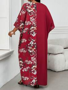 SHEIN Lady Đầm mùa hè rộng rãi, thoải mái, cổ chữ V, tay dài, họa tiết hoa, chắp vá cỡ lớn - Màu Đỏ Sâu - Xem 2