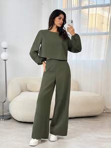 SHEIN Tall 女士简约纯色长袖上衣和裤子休闲两件套 - 軍綠色 - 查看 3