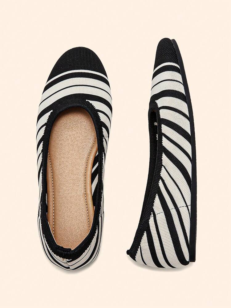 CUCCOO BASICS Women's Casual Black & White Striped Soft Bottom Comfortable Hollow Knit Breathable Flat Shoes For Christmas