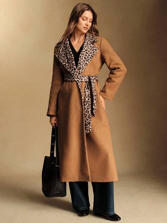 Écloséra Modern, avslappnad, elegant, lös, leopardmönster, slag, lapptäcke, långärmad, brun överrock för kvinnor, höst/vinter