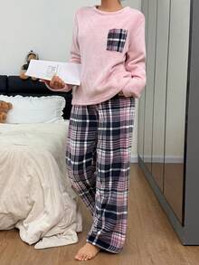 SHEIN Women's Flannel Plaid Pajama Set, Fluffy Winter Clothes - Pink - View 5