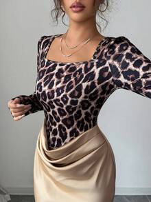 Elenzga 豹纹领长袖腰部收紧紧身缎面和粗花呢拼布二合一褶皱优雅法式通勤长裙 - 卡其色 - 查看 3