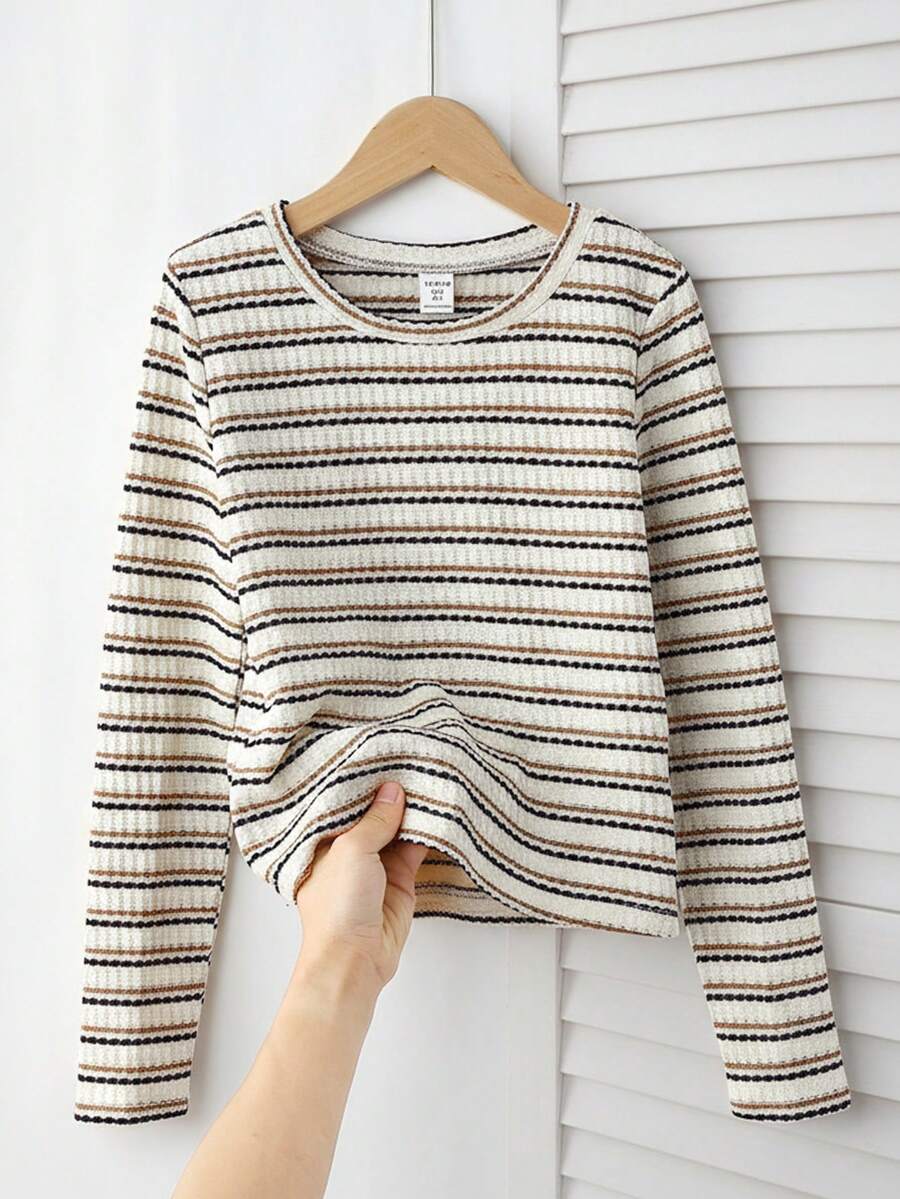 SHEIN 少女休闲彩色条纹针织圆领长袖上衣 - 彩色 - 查看 1
