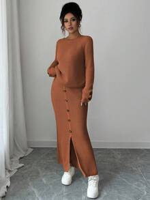 Elenzga 2pcs Women Casual Long Sleeve Top And Mini Skirt Co-Ord Set - Coffee Brown - View 4