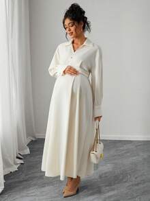 SHEIN Versatile & Comfortable Oblique Collar Long Sleeve Dress - Apricot - View 5