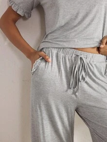 Ocili 休闲简约荷叶边下摆系带长袖上衣和裤子女士睡衣套装，别致秋季 - 灰色 - 查看 6