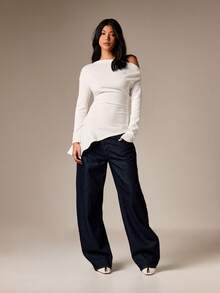 AiiRZ Off Shoulder Peplum Topp Långärmad Asymmetrisk Rynkad Bodycon Blus Höst Vintermode