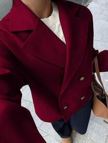 Flirla 杏色翻领，双排扣，带口袋，长袖，短款大衣，时尚，通勤，办公，休闲，优雅，复古，学院风，日常，约会，女士，秋冬 - 酒紅色 - 查看 4