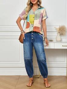 EMERY ROSE Women's Button Front Pocket Casual Denim Jogger Pants Women Jeans Baggy Loose Jeans Elastic Waist Jeans Jeans Women High Waist - Medium Wash - View 7