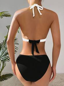 Swim Basics 夏季海灘女士色塊露背性感比基尼泳裝套裝，適用於度假 - 黑色 - 查看 2