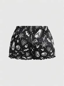 ROMWE Goth 大码女式哥特骷髅、蜘蛛、蝙蝠印花撞色吊带背心和短裤睡衣套装 - 黑色 - 查看 6