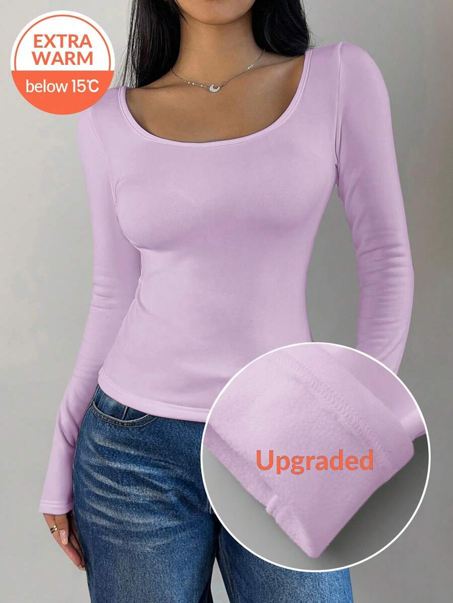 SHEIN BASICS Áo thun nữ cổ tròn tay dài dáng ôm, chất liệu vải giữ nhiệt nâng cấp, lót giữ nhiệt không cồng kềnh, áo thun co giãn ôm vừa vặn cho mùa thu đông - Màu tím - Xem 1
