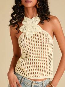 Travachic Áo hai dây dệt kim hở lưng khoét lỗ không tay màu trơn dành cho nữ - Vàng nhạt - Xem 1