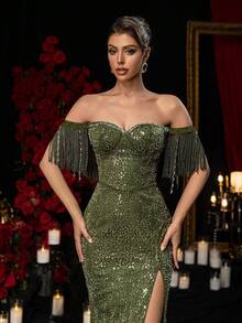 Glamrae 优雅奢华露肩闪亮珠绣心形领口流苏亮片装饰修身开衩下摆正式礼服，网纱正式连衣裙 - 綠色 - 查看 3