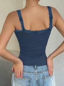 DAZY Women's Plain Color Lace Patchwork Slim Fit Tank Top, Autumn Style,Back To School Clothes - Navy Blue - View 3