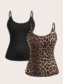SHEIN EZwear 2pcs/Set Plus Size Women Leopard Solid Color Tight Fitted Casual Camisole, Suitable For Summer Women Summer Clothing Women Summer Sets,Business Casual Woman - Multicolor - View 7